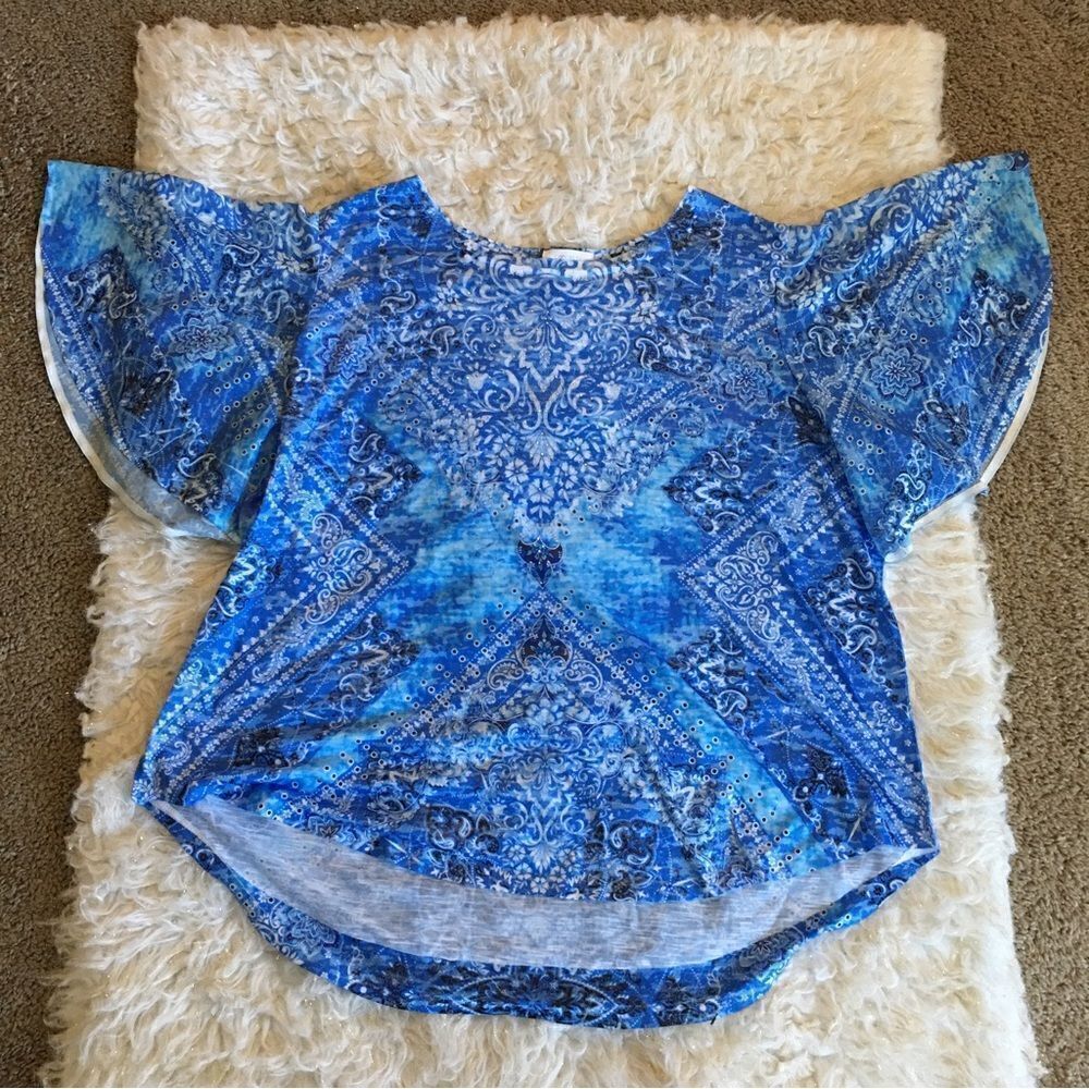 Plus‎ size Sheer Flutter Sleeve Rhinestone Silky flowey top